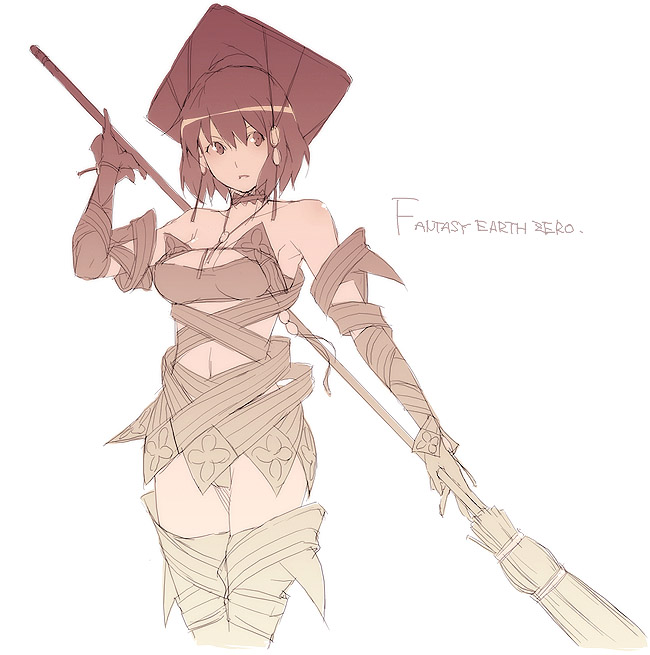 kyo (kuroichigo), fantasy earth zero, 1girl, broom, female focus, monochrome, pink theme, solo, thighhighs