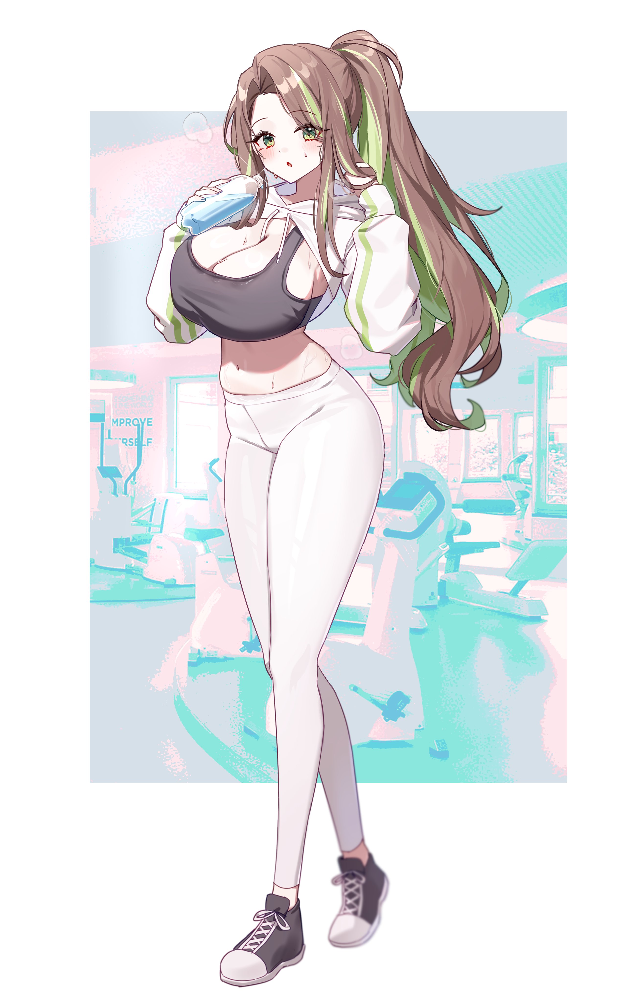 taiyaki12, original, absurdres, commentary, commission, highres, 1girl, black sports bra, bottle, breasts, brown hair, cleavage, crop top, drawstring, full body, green eyes, green hair, hands up, holding, holding bottle, hood, hood down, large breasts, leggings, long hair, long sleeves, looking at viewer, midriff, multicolored hair, navel, open mouth, parted bangs, ponytail, shoes, shrug (clothing), sleeveless, sneakers, solo, sports bra, stomach, streaked hair, sweat, two-tone hair, water bottle, white leggings, white shrug