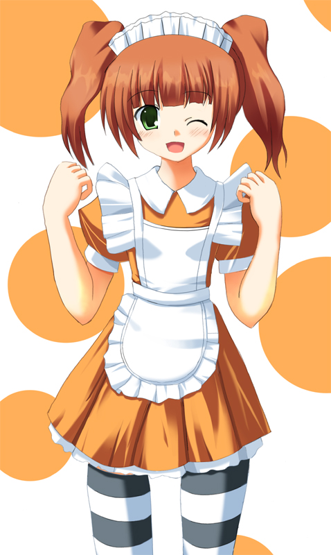 odaya, odayan, takatsuki yayoi, idolmaster, idolmaster (classic), idolmaster 1, 00s, 1girl, brown hair, female focus, green eyes, maid, one eye closed, solo, striped clothes, striped thighhighs, thighhighs, twintails