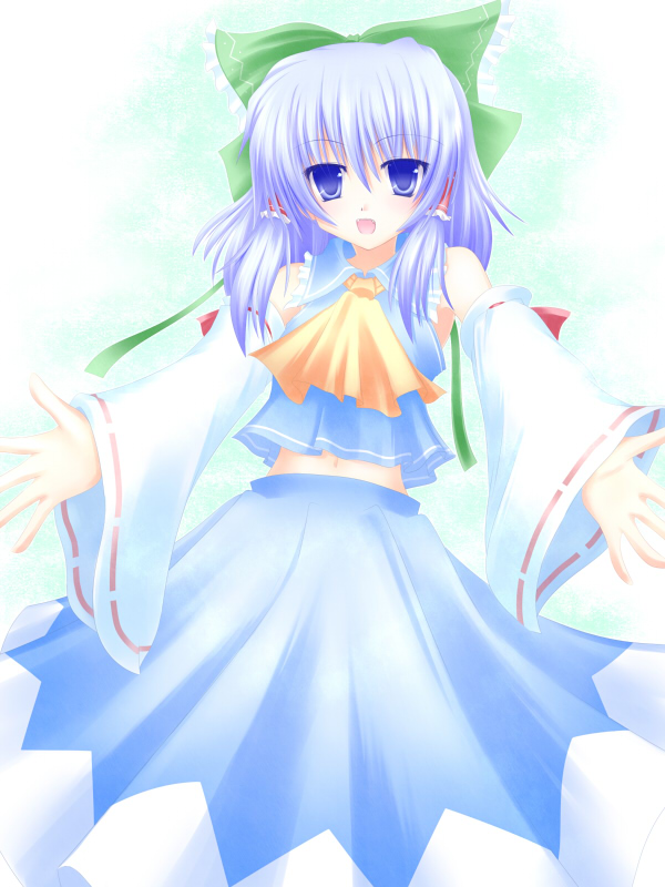 shirotsuki kouta, cirno, hakurei reimu, shoot the bullet, touhou, 1girl, circled 9, cosplay, female focus, gradient background, hakurei reimu (cosplay), navel, skirt, solo, white background