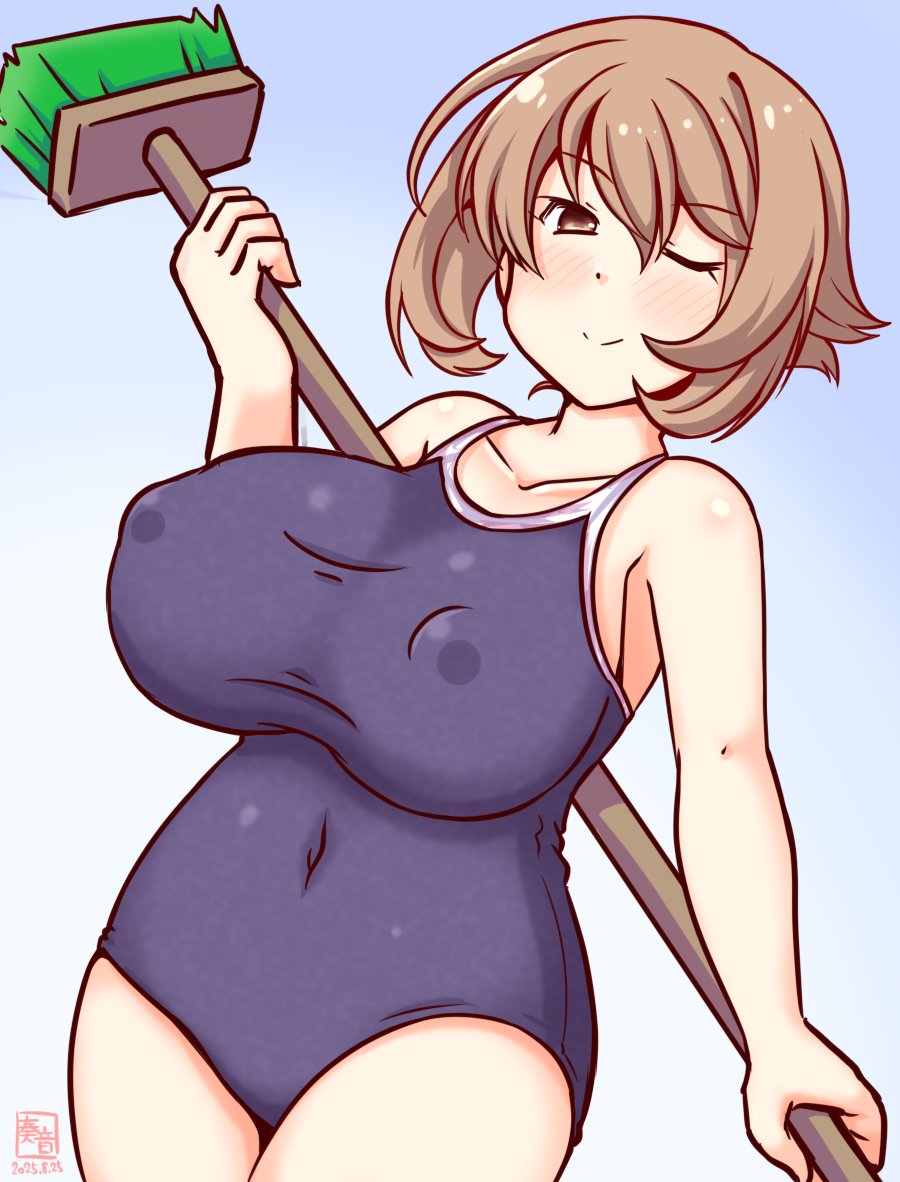 kanon (kurogane knights), mutsu (kancolle), kantai collection, commentary request, 1girl, alternate costume, artist logo, blue background, blue one-piece swimsuit, blush, breasts, broom, brown hair, collarbone, competition school swimsuit, covered erect nipples, covered navel, cowboy shot, dated, gradient background, large breasts, logo, looking at viewer, one-hour drawing challenge, one-piece swimsuit, one eye closed, school swimsuit, short hair, smile, solo, swimsuit, yellow eyes