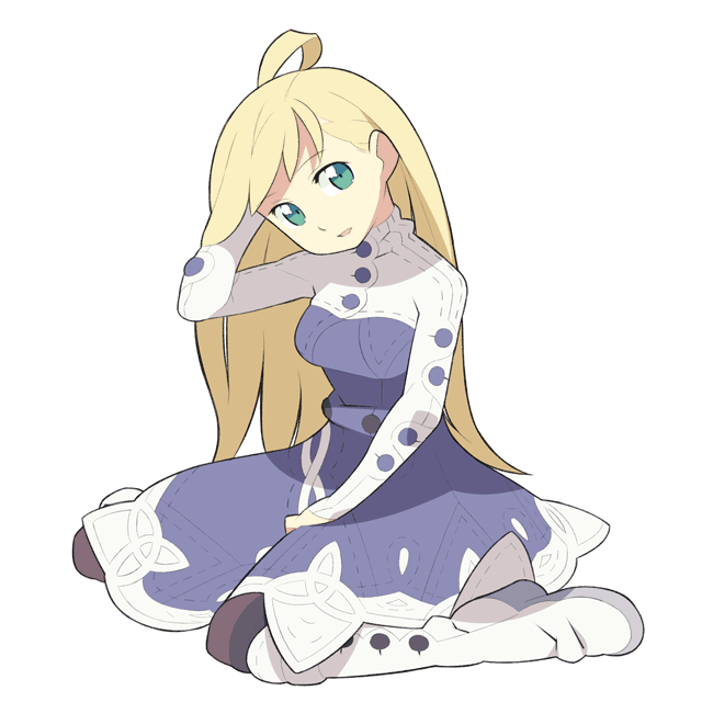 itsumo nokoru, idea (soma bringer), soma bringer, 1girl, adjusting hair, blonde hair, boots, dress, female focus, green eyes, head tilt, knee boots, long hair, pantyhose, sitting, solo