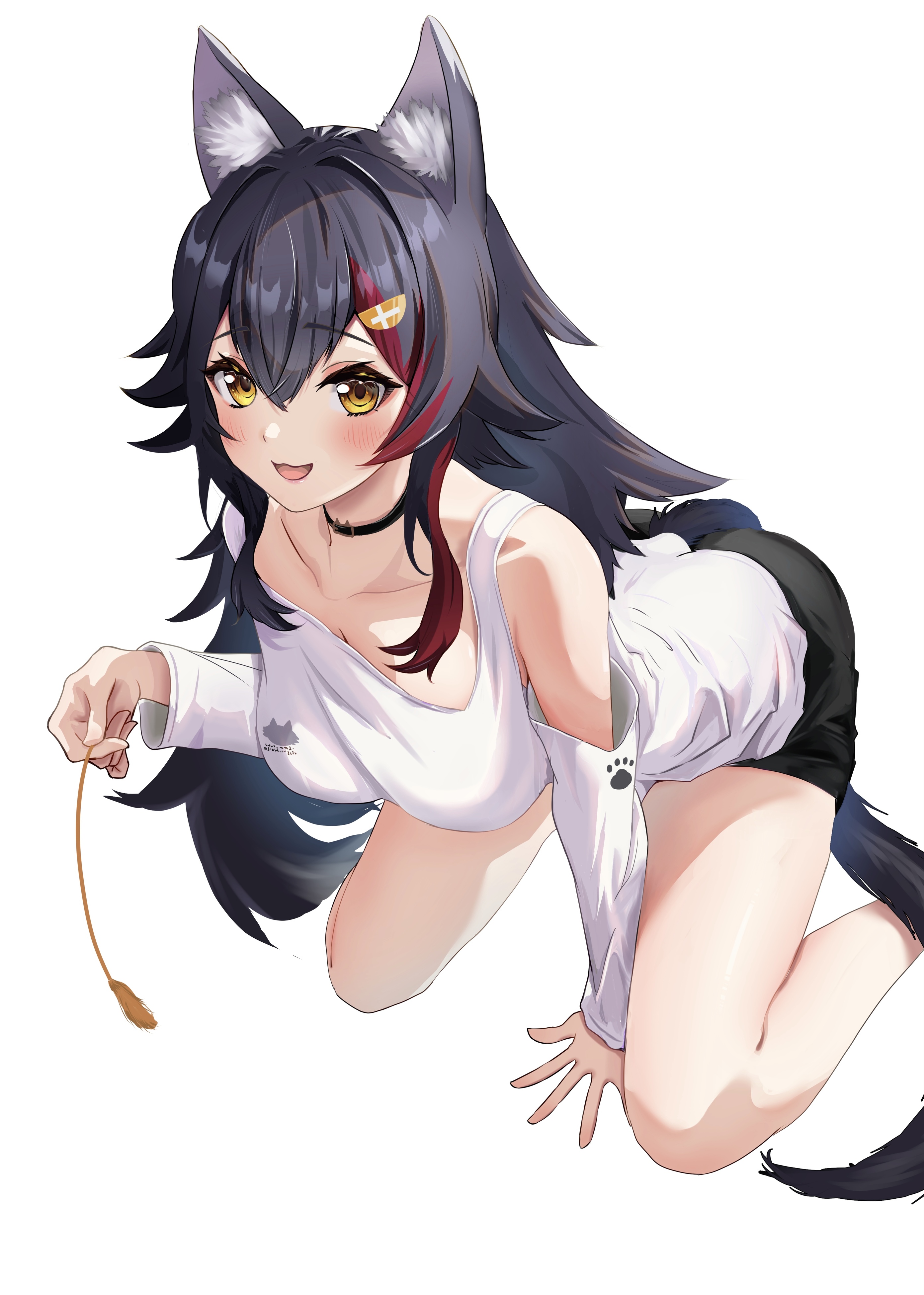 torakichi 888, ookami mio, ookami mio (hoodie), hololive, absurdres, commentary request, highres, 1girl, animal ear fluff, animal ears, asymmetrical clothes, asymmetrical shirt, bare shoulders, black choker, black hair, black shorts, blush, breasts, choker, clothing cutout, collarbone, detached sleeves, from above, hair between eyes, hair ornament, hairclip, large breasts, long hair, long sleeves, multicolored hair, open mouth, red hair, shirt, short shorts, shorts, shoulder cutout, simple background, smile, solo, streaked hair, tail, tank top, virtual youtuber, white background, white shirt, white tank top, wolf ears, wolf girl, wolf tail, wooden floor, yellow eyes