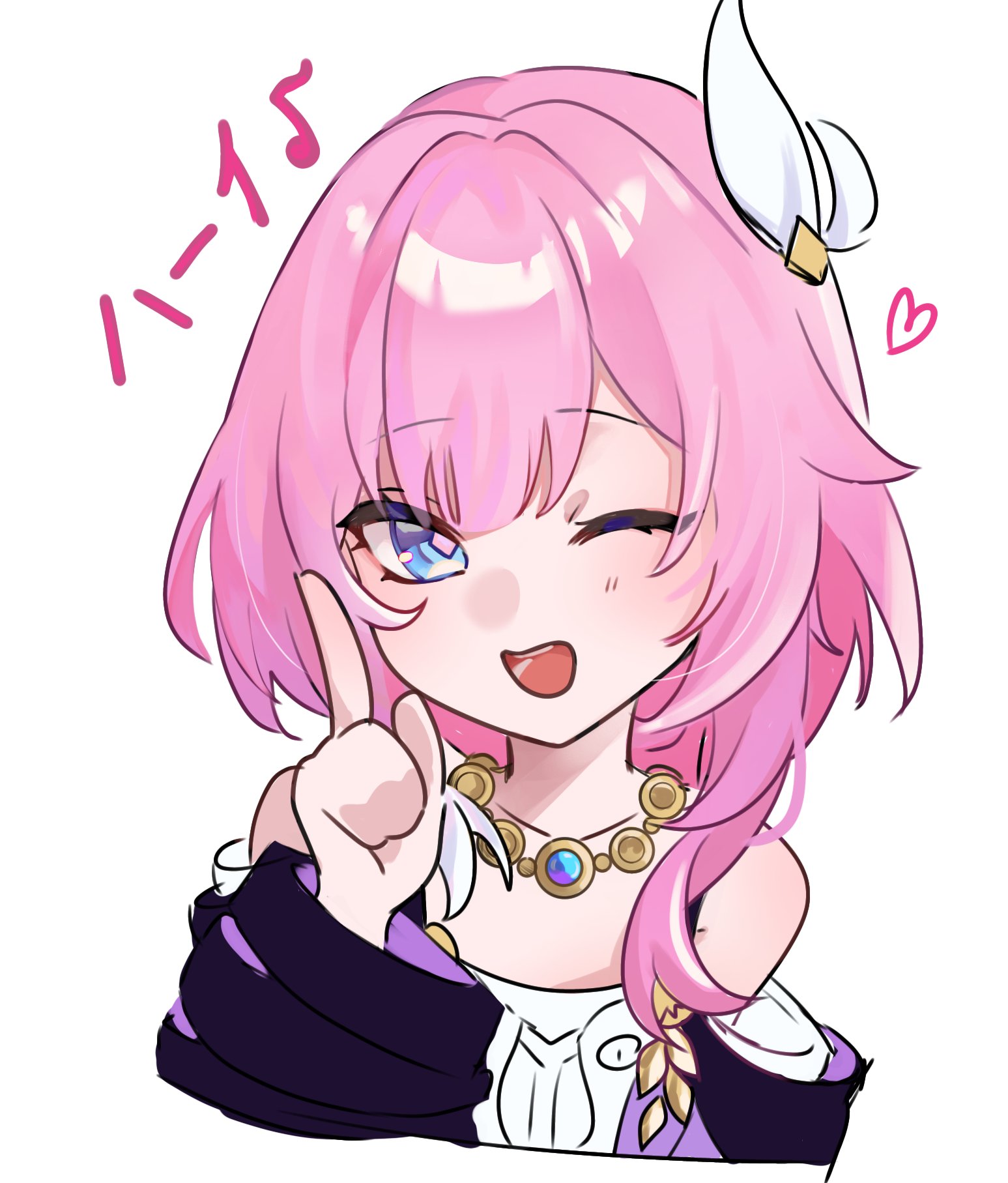 cyrene (honkai: star rail), honkai: star rail, honkai (series), commentary request, highres, translation request, 1girl, ;o, aru mi0976, bare shoulders, blue eyes, breasts, coat, collarbone, dress, hair ornament, heart, jewelry, looking at viewer, medium hair, multicolored hair, musical note, necklace, one eye closed, pink hair, pink pupils, purple coat, simple background, small breasts, smile, solo, two-tone hair, upper body, white background, white dress, white hair