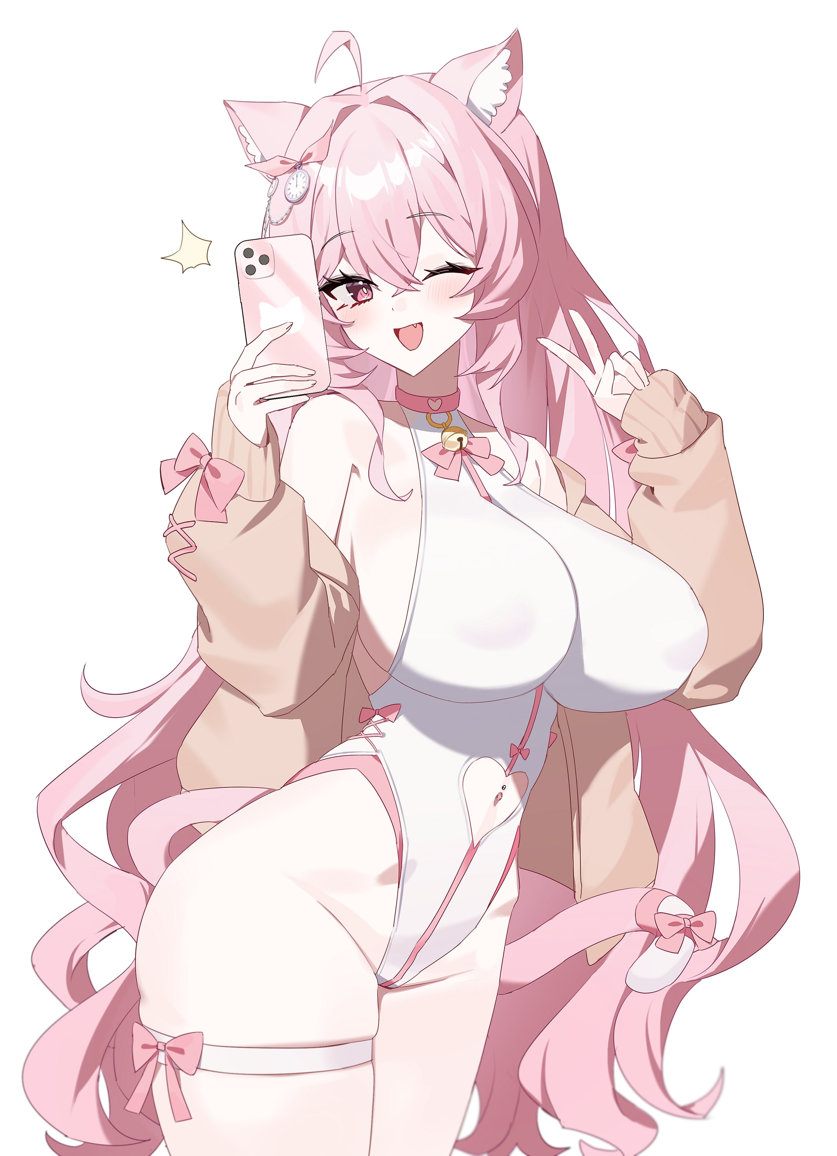 taiyaki12, original, absurdres, commission, highres, 1girl, ahoge, animal ears, bare shoulders, bow, bowtie, breasts, brown jacket, cat ears, cat girl, cat tail, choker, cleavage, clothing cutout, covered erect nipples, cowboy shot, fang, hands up, heart cutout, highleg, highleg leotard, holding, holding phone, jacket, large areolae, large breasts, leotard, long hair, looking at viewer, navel, navel cutout, navel piercing, off shoulder, one eye closed, open clothes, open jacket, open mouth, phone, piercing, pink choker, pink hair, red eyes, see-through cleavage, see-through clothes, skindentation, smile, solo, tail, thigh strap, thighs, v, very long hair, white leotard