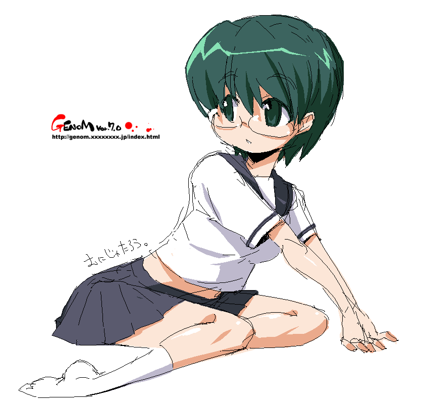 onija tarou, original, glasses, green eyes, green hair, oekaki, school uniform, serafuku, short hair, skirt, solo