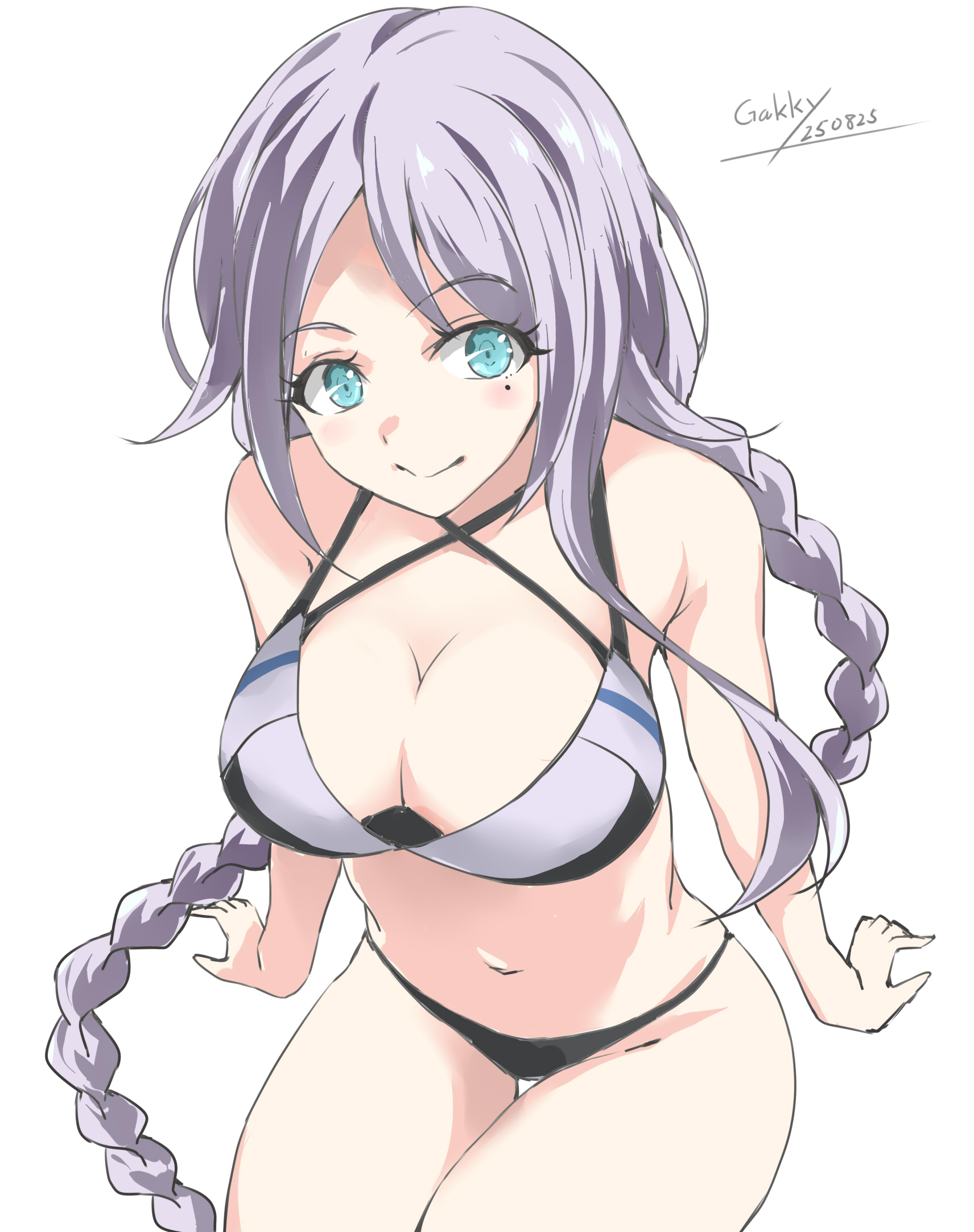gakky, umikaze (kancolle), umikaze (swimsuit) (kancolle), kantai collection, highres, 1girl, artist name, bikini, black bikini, blue eyes, blush, braid, breasts, cleavage, collarbone, cowboy shot, dated, grey hair, large breasts, long hair, looking at viewer, mole, mole under eye, navel, official alternate costume, one-hour drawing challenge, sailor bikini, sailor collar, single braid, sitting, smile, solo, swimsuit, very long hair