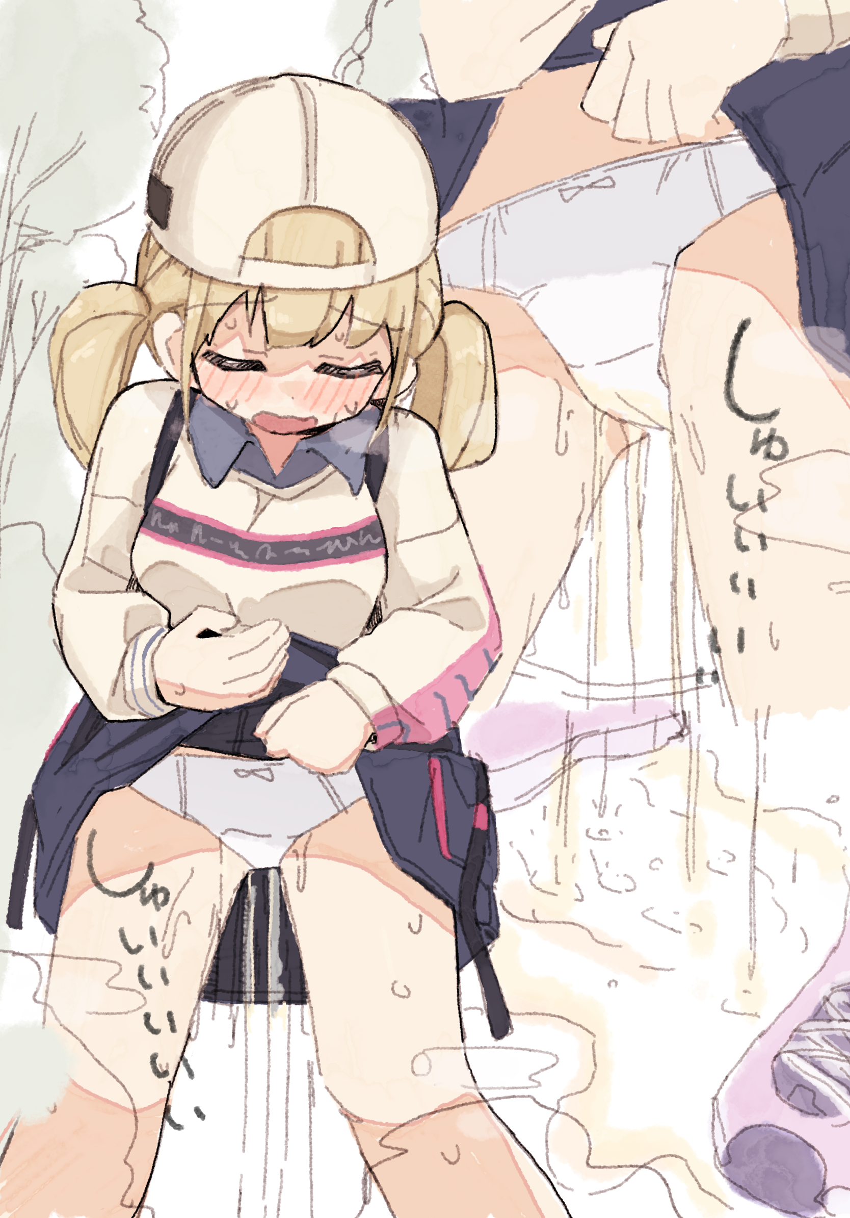 sinasimu4746, azusawa kohane, project sekai, commentary request, highres, 1girl, baseball cap, blonde hair, blush, bow, bow panties, closed eyes, clothes lift, collared shirt, embarrassed, hat, lifting own clothes, long sleeves, multiple views, open mouth, panties, pee, peeing, peeing self, shirt, shoes, skirt, skirt lift, standing, steam, sweat, twintails, underwear, white panties