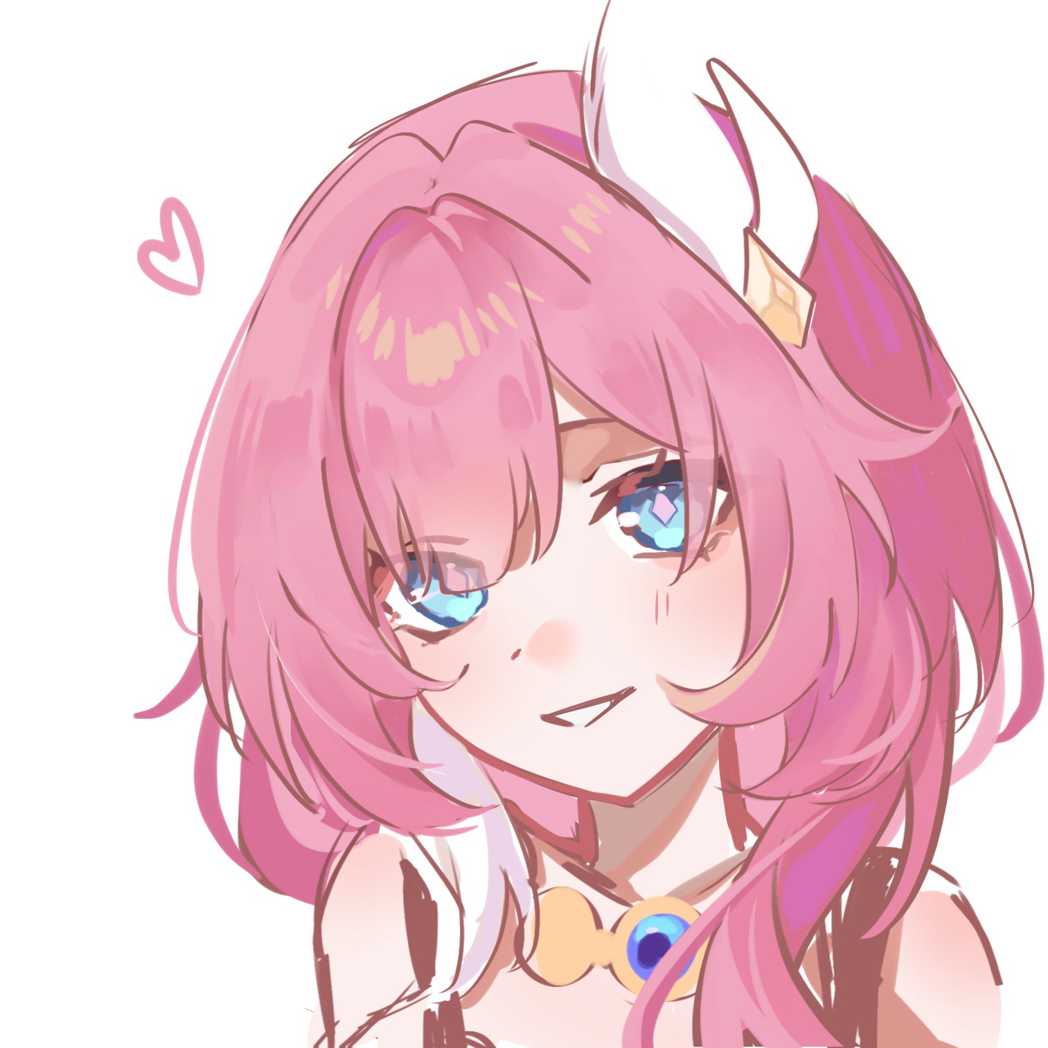 cyrene (honkai: star rail), honkai: star rail, honkai (series), commentary request, highres, 1girl, aru mi0976, hair ornament, heart, jewelry, looking at viewer, multicolored hair, necklace, pink hair, portrait, simple background, single bare shoulder, smile, solo, two-tone hair, white background, white hair