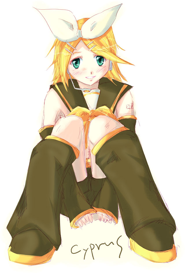 cyprus (circle), kagamine rin, vocaloid, 1girl, aqua eyes, arm warmers, artist name, belt, black shorts, blonde hair, blouse, bow, female focus, full body, hair bow, hair ornament, hairclip, headphones, leg warmers, looking at viewer, microphone, ribbon, sailor collar, shirt, short hair, shorts, simple background, sitting, sketch, sleeveless, solo, swept bangs, tattoo, white background, white bow, white shirt, yellow ribbon