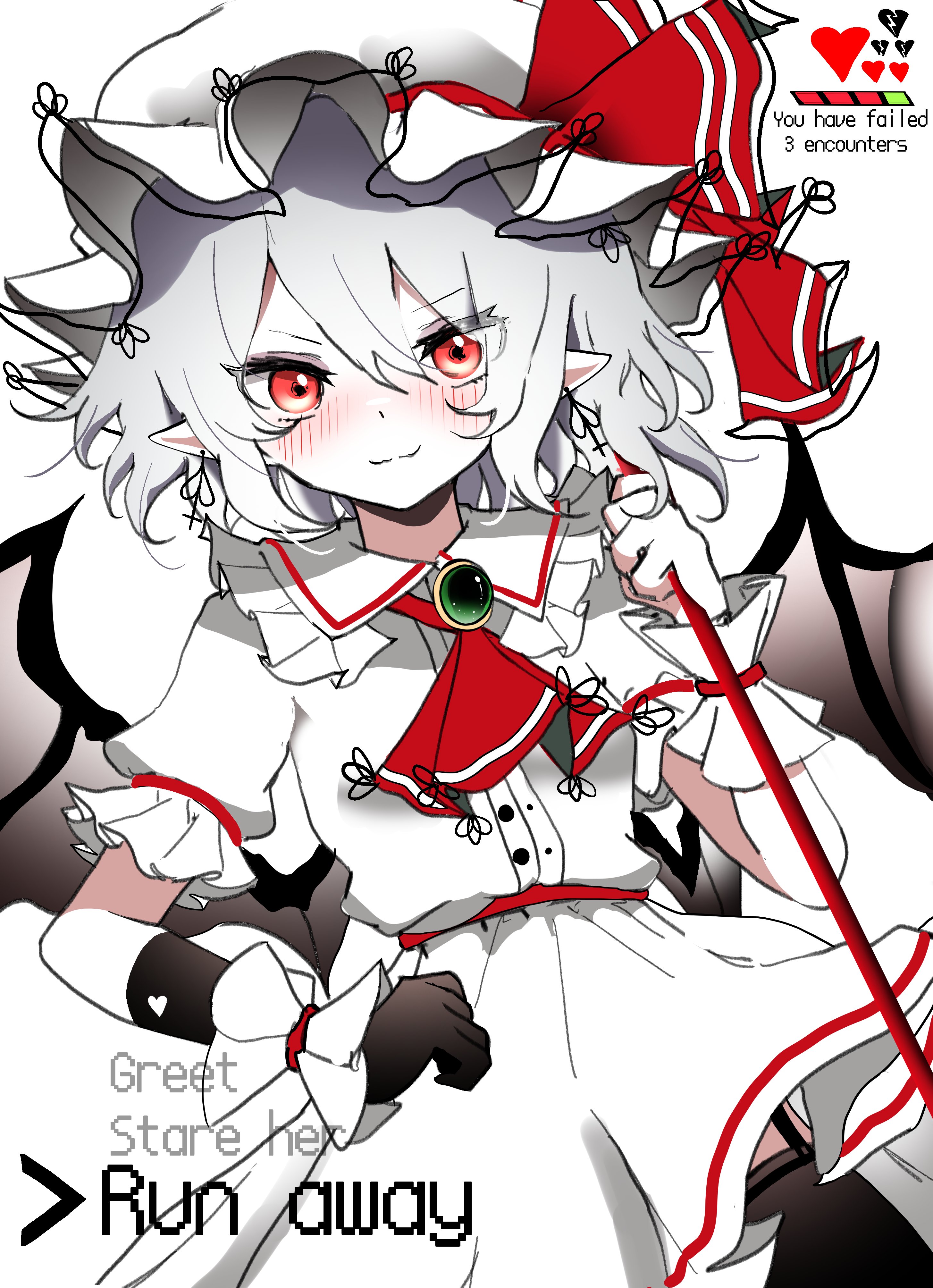 ougiikun, remilia scarlet, touhou, absurdres, commentary, english commentary, highres, 1girl, ascot, bat wings, black gloves, black thighhighs, choice, closed mouth, collared shirt, dutch angle, earrings, english text, frilled shirt collar, frills, gloves, grey hair, hat, health bar, heart, jewelry, looking at viewer, mob cap, pointy ears, puffy short sleeves, puffy sleeves, red ascot, shirt, short hair, short sleeves, skirt, smile, solo, spear the gungnir, thighhighs, white hat, white shirt, white skirt, wings, wrist cuffs