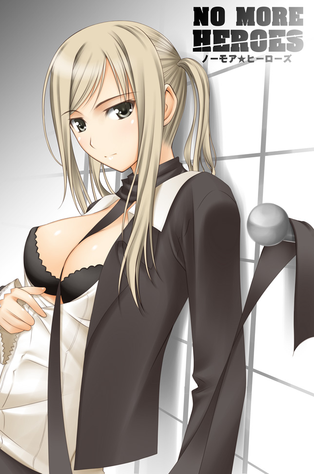 ribucci, sylvia christel, grasshopper manufacture, no more heroes, 1girl, between breasts, blonde hair, bra, breasts, cleavage, female focus, large breasts, lingerie, open clothes, open shirt, shirt, silvia christel, solo, underwear