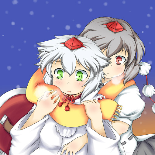 konata gazel, nanatsuhane, inubashiri momiji, shameimaru aya, touhou, 2girls, female focus, green eyes, hat, multiple girls, red eyes, snowing, tokin hat, white hair