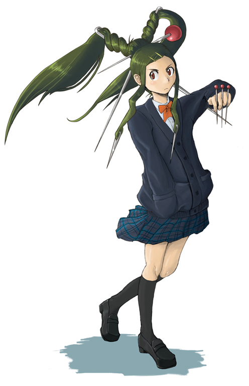niimori hiroshi, bad id, bad pixiv id, between fingers, holding, kneehighs, needle, school uniform, serafuku, socks, solo, twintails