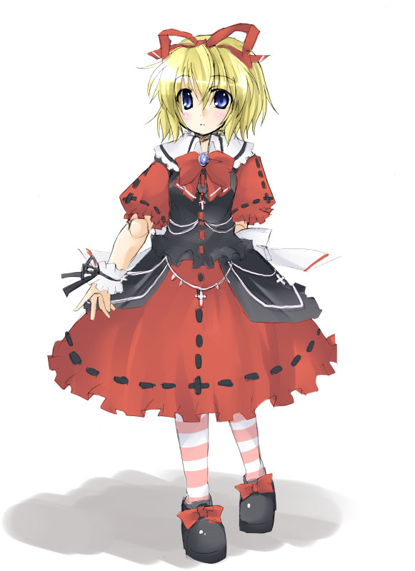 medicine melancholy, touhou, striped legwear, 1girl, black ribbon, black shoes, blonde hair, blue eyes, bow, bowtie, collar, cross, female focus, footwear bow, full body, hair ribbon, looking at viewer, pantyhose, puffy short sleeves, puffy sleeves, red bow, red bowtie, red ribbon, red skirt, ribbon, ribbon-trimmed clothes, ribbon-trimmed skirt, ribbon-trimmed sleeves, ribbon trim, sash, shoes, short hair, short sleeves, simple background, skirt, solo, standing, striped clothes, striped pantyhose, white background, white collar, wrist cuffs
