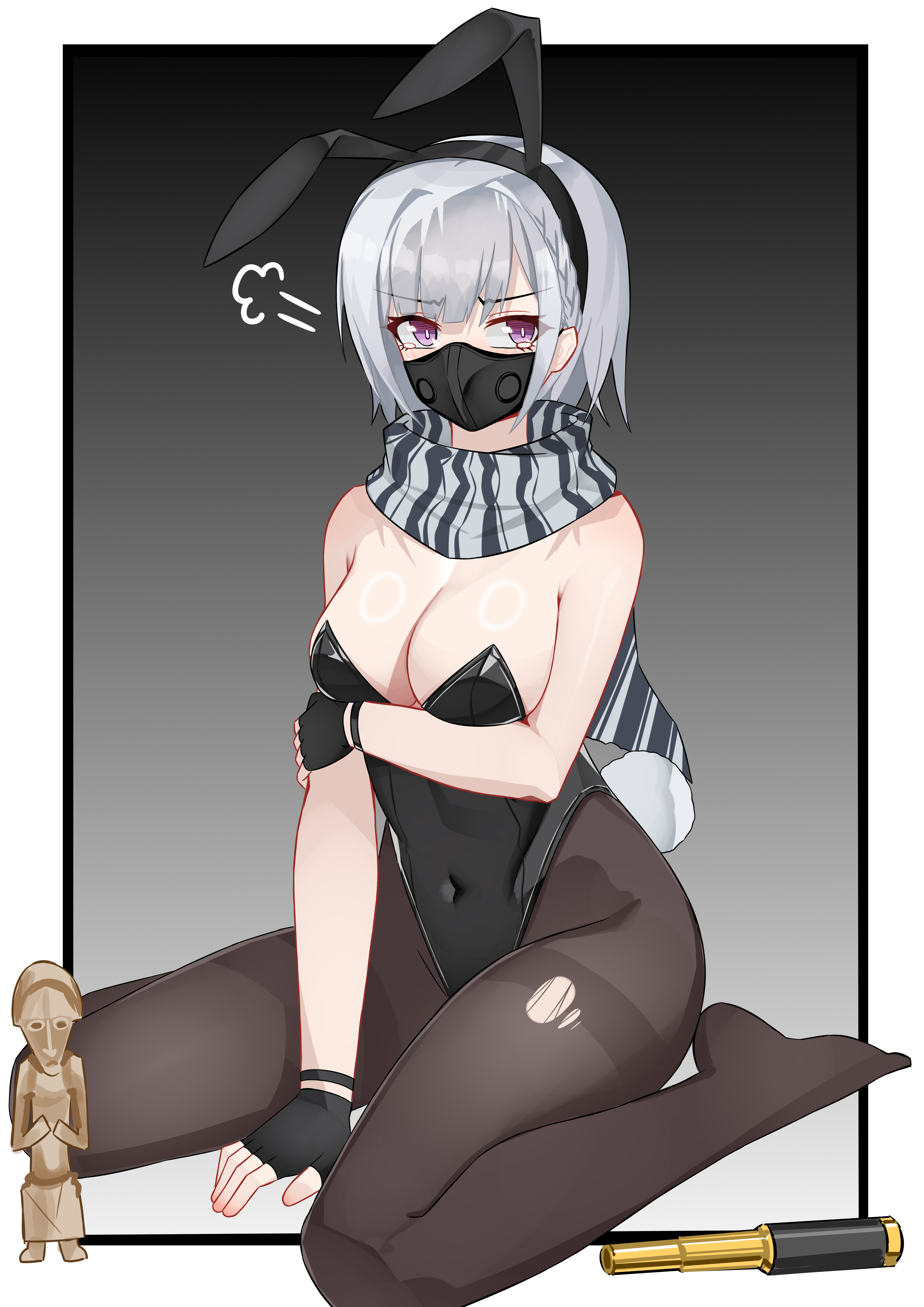 muusn, xiaowen mai (delta force), delta force (video game), absurdres, highres, 1girl, animal ears, ass, black border, black leotard, black mask, black pantyhose, black scarf, border, breasts, covered navel, fingerless gloves, gloves, gradient background, hair between eyes, headband, highleg, leotard, looking at viewer, mask, navel, pantyhose, playboy bunny, purple eyes, rabbit ears, scarf, short hair, sidelocks, simple background, sitting, spyglass, striped clothes, striped scarf, telescope, thighs, torn clothes, torn pantyhose, wariza, white hair, wooden statue