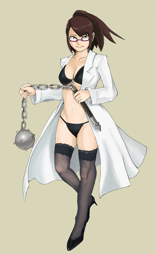 niimori hiroshi, 1girl, artistic error, ball and chain (weapon), bra, coat, female focus, flail, full body, glasses, high heels, lingerie, open clothes, open coat, overcoat, panties, ponytail, red hair, shoes, simple background, solo, thighhighs, underwear, weapon