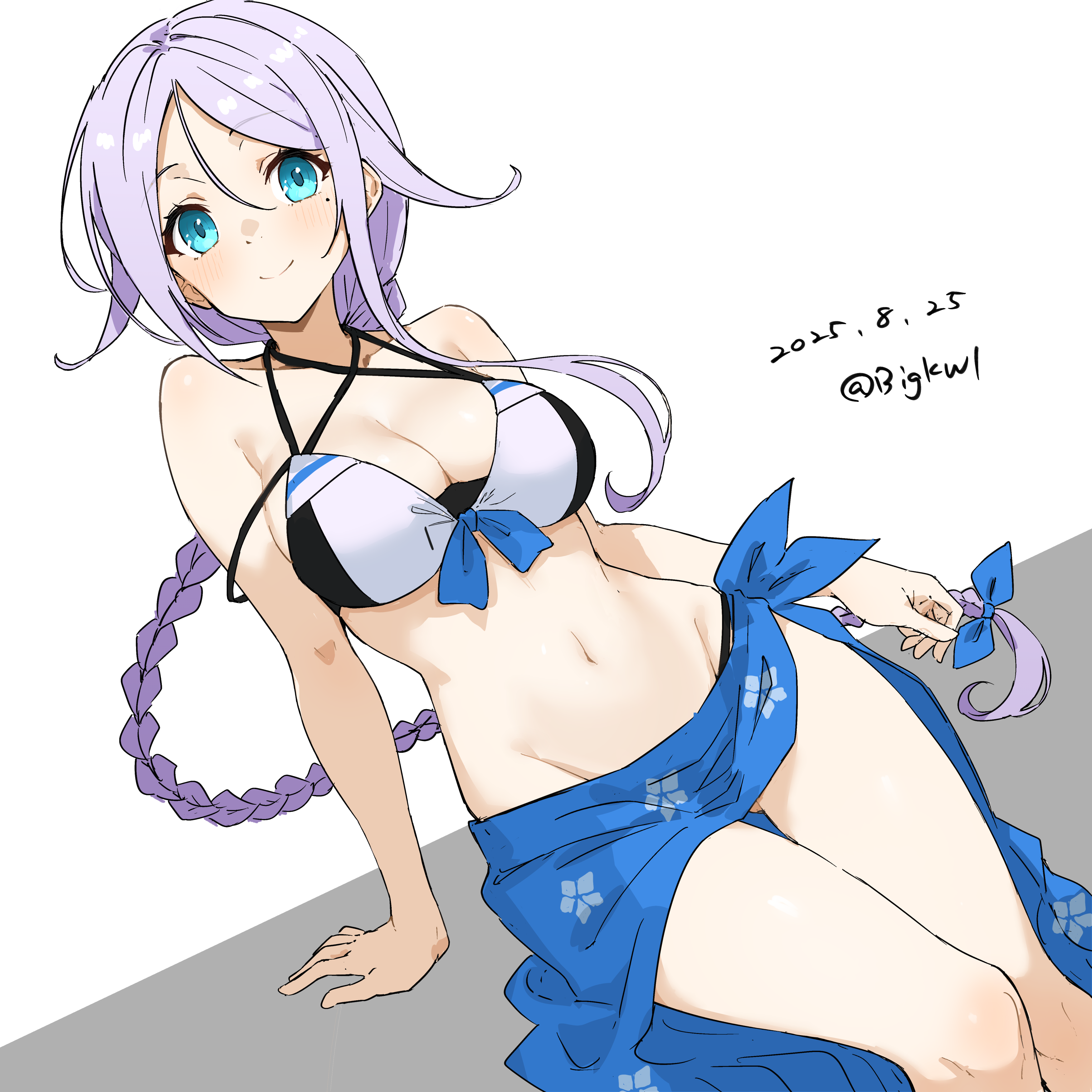 bigkwl, umikaze (kancolle), umikaze (swimsuit) (kancolle), umikaze kai ni (kancolle), kantai collection, absurdres, highres, 1girl, bikini, black bikini, blue eyes, blue sarong, blush, braid, breasts, cleavage, collarbone, grey hair, hair flaps, long hair, looking at viewer, medium breasts, mole, mole under eye, navel, official alternate costume, one-hour drawing challenge, sarong, single braid, sitting, smile, solo, swimsuit, twitter username, very long hair, white background