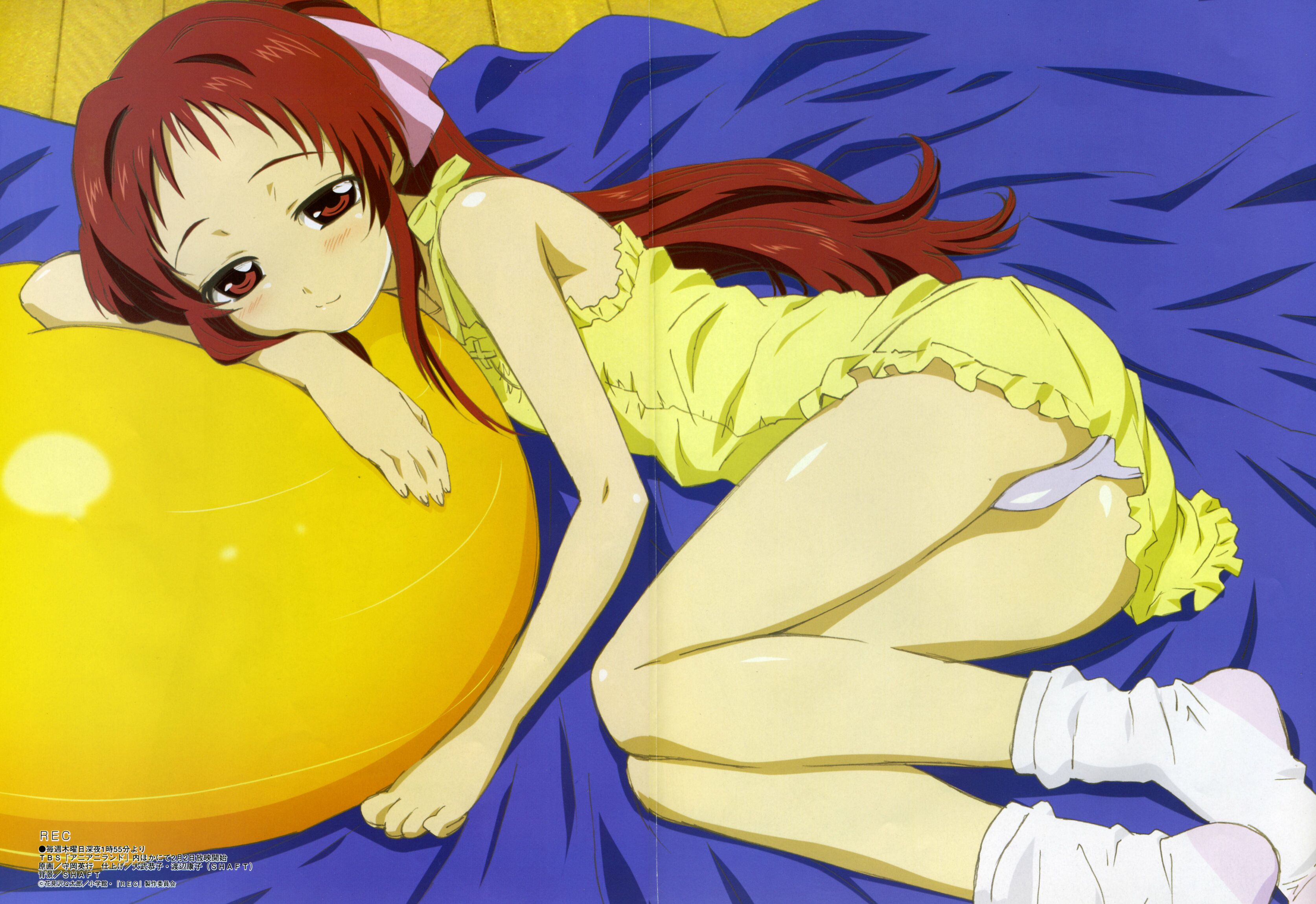 morioka hideyuki, onda aka, megami magazine, rec (manga), absurdres, highres, non-web source, official art, scan, 00s, 1girl, ball, bed, bed sheet, blush, crease, dress, exercise ball, female focus, flat chest, frills, hair ribbon, long hair, lying, on floor, on side, panties, pantyshot, ponytail, red eyes, red hair, ribbon, short dress, skirt, sleepy, smile, socks, solo, underwear, upskirt, white panties, yellow skirt