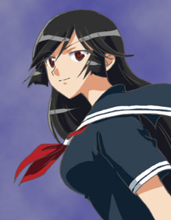 onyx (artist), kamura reiri, kaibutsu oujo, lowres, 00s, black hair, red eyes, school uniform, serafuku, vampire