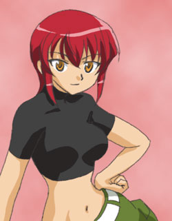 onyx (artist), riza wildman, kaibutsu oujo, lowres, 00s, crop top, midriff, orange eyes, red hair