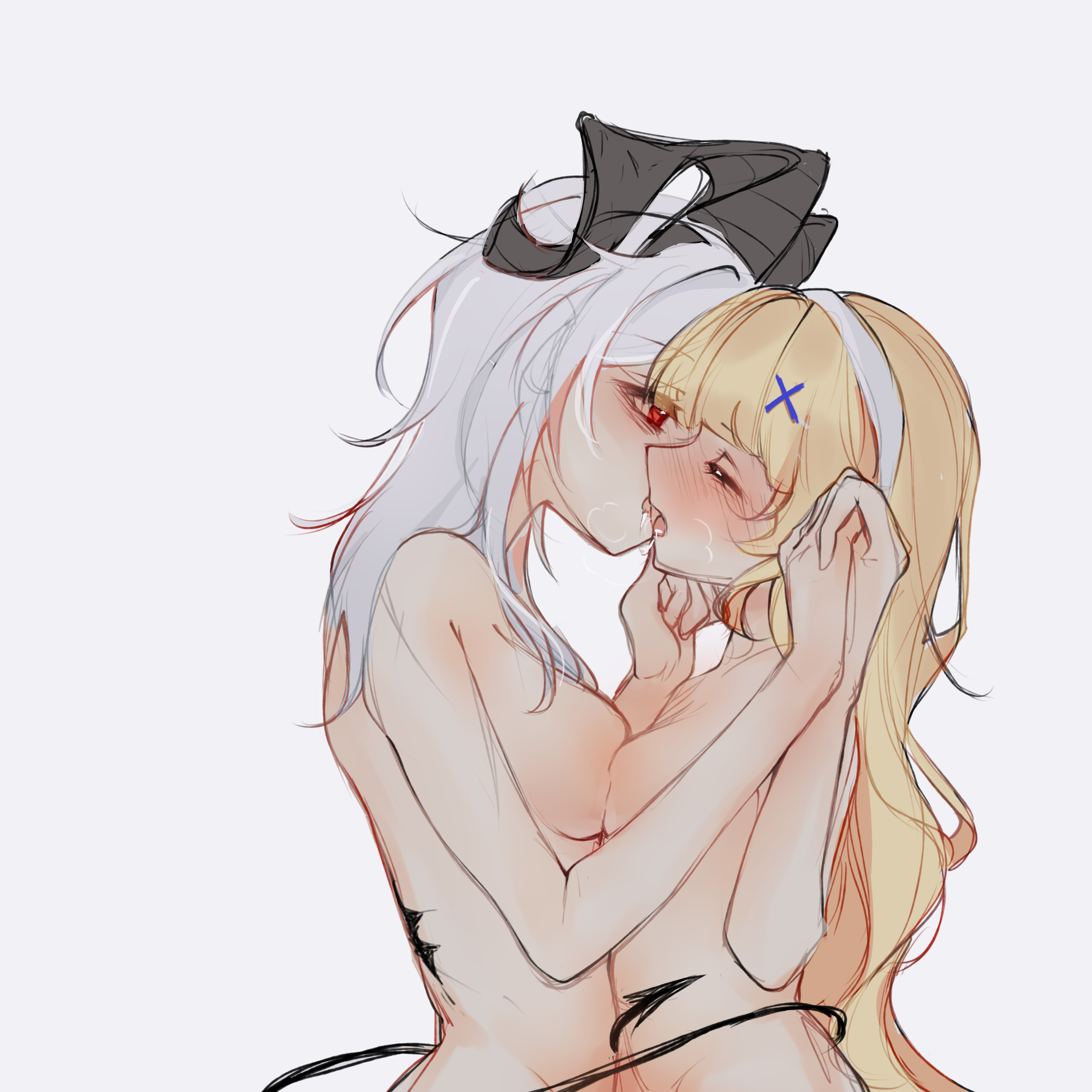mikori, phoebe (wuthering waves), zani (wuthering waves), wuthering waves, absurdres, commentary, english commentary, highres, 2girls, blonde hair, blush, breast press, breasts, closed eyes, completely nude, french kiss, grey hair, hairband, hand on another's face, holding hands, horns, interlocked fingers, kiss, large breasts, long hair, multiple girls, nude, open mouth, red eyes, saliva, small breasts, symmetrical docking, tacet mark (wuthering waves), tail around another's waist, tongue, tongue out, white hairband, yuri