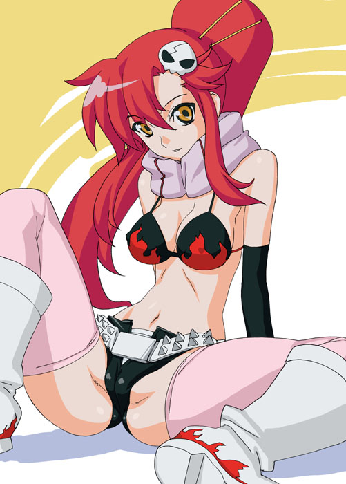 okiyumi kase, yoko littner, tengen toppa gurren lagann, 00s, 1girl, boots, breasts, cameltoe, cleavage, female focus, long hair, medium breasts, ponytail, red hair, solo, thighhighs, white boots