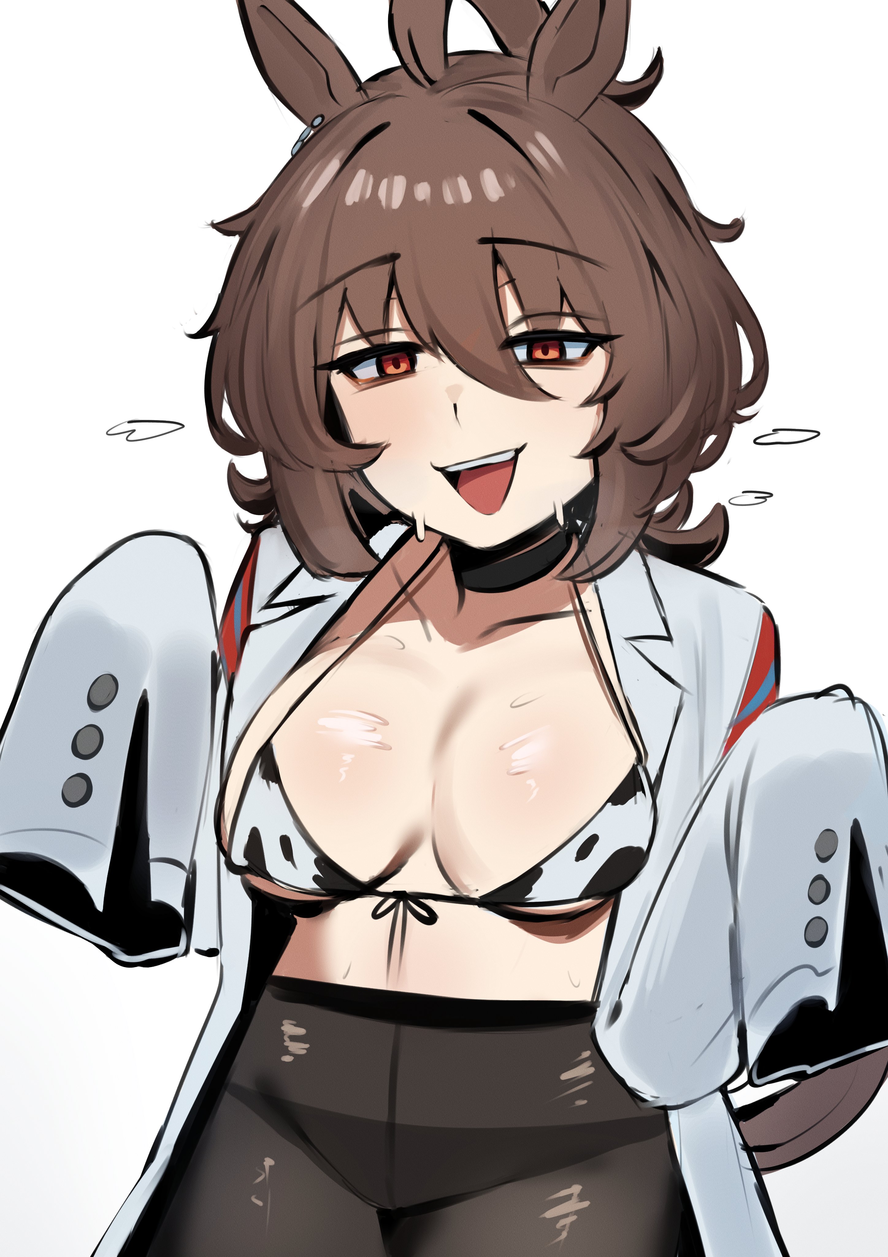 iog626, agnes tachyon (umamusume), umamusume, absurdres, highres, 1girl, animal ears, animal print, bags under eyes, bikini, black pantyhose, breasts, brown hair, cleavage, coat, collar, cow print, cow print bikini, ear ornament, earrings, hair between eyes, horse ears, horse girl, horse tail, jewelry, lab coat, medium breasts, medium hair, open clothes, open coat, pantyhose, print bikini, red eyes, single earring, solo, sweat, swimsuit, tail, white coat