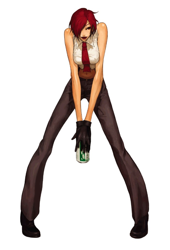 nona, vanessa (kof), snk, the king of fighters, the king of fighters 2001, official art, 1girl, alcohol, beer, breasts, female focus, gloves, large breasts, midriff, necktie, red hair, short hair, solo, square-end necktie