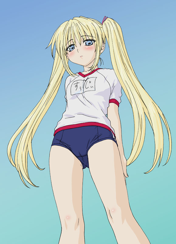 okiyumi kase, susanna hopkins, genshiken, 00s, 1girl, blonde hair, blue eyes, buruma, female focus, from below, gradient background, gym uniform, solo, twintails