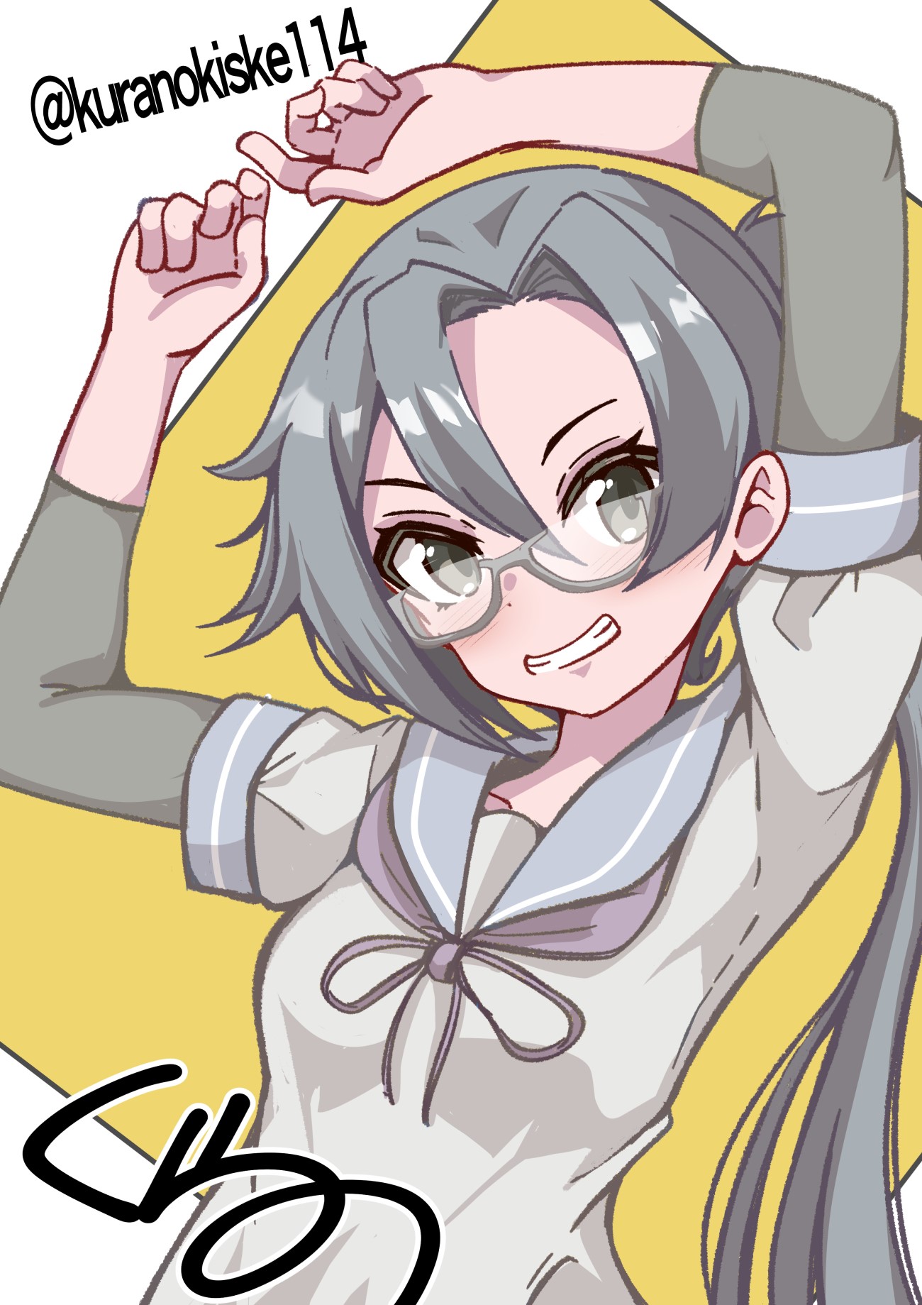 kurano kisuke, amagiri (kancolle), kantai collection, commentary request, highres, 1girl, arm warmers, arms up, grey eyes, grey hair, grey sailor collar, grin, long hair, neckerchief, one-hour drawing challenge, purple neckerchief, sailor collar, shirt, side ponytail, smile, solo, twitter username, upper body, white shirt