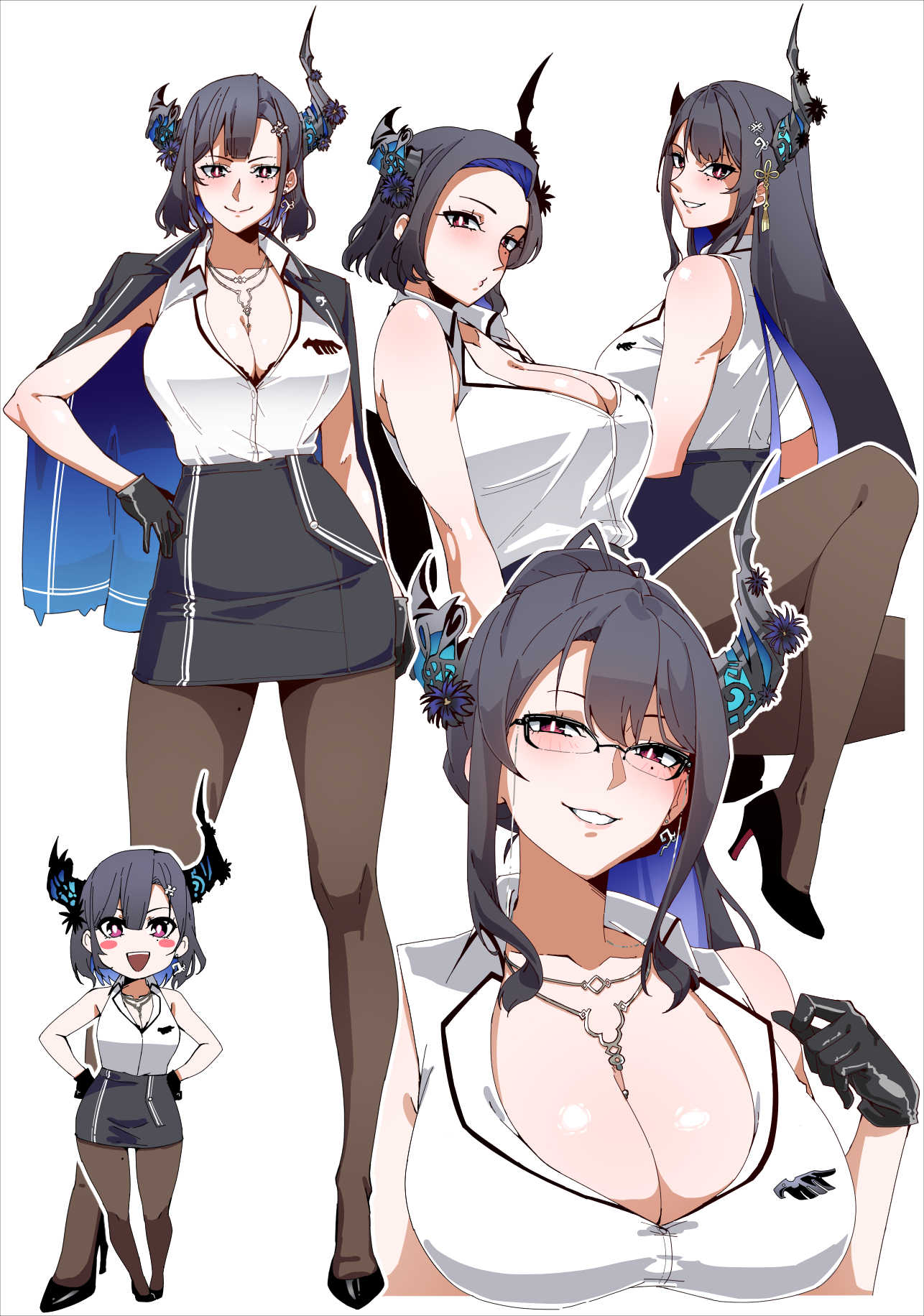 joeboto, nerissa ravencroft, hololive, hololive english, commentary, english commentary, highres, 1girl, asymmetrical horns, bare shoulders, black gloves, black pantyhose, breasts, cleavage, collared shirt, colored inner hair, demon horns, earrings, glasses, gloves, high heels, horns, jacket, jacket on shoulders, jewelry, large breasts, long hair, looking at viewer, miniskirt, mole, mole under eye, multicolored hair, multiple views, necklace, open mouth, pantyhose, shirt, short hair, sidelocks, skirt, sleeveless, sleeveless shirt, smile, uneven horns, virtual youtuber, white shirt