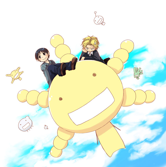 oryzae-tan, sawaki souemon tadayasu, yuuki kei, moyashimon, 2boys, black hair, blonde hair, collared shirt, creature, dress shirt, full body, grin, loafers, lying, male focus, multiple boys, on stomach, pants, shirt, shoes, simple background, sitting, size difference, smile, sweatdrop, teeth, white background