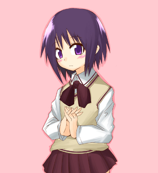 hane (hanegoya), kawazoe tamaki, bamboo blade, 00s, 1girl, female focus, long sleeves, looking at viewer, miniskirt, pleated skirt, purple eyes, purple hair, red skirt, school uniform, serafuku, shirt, short hair, skirt, solo, sweater vest, white shirt