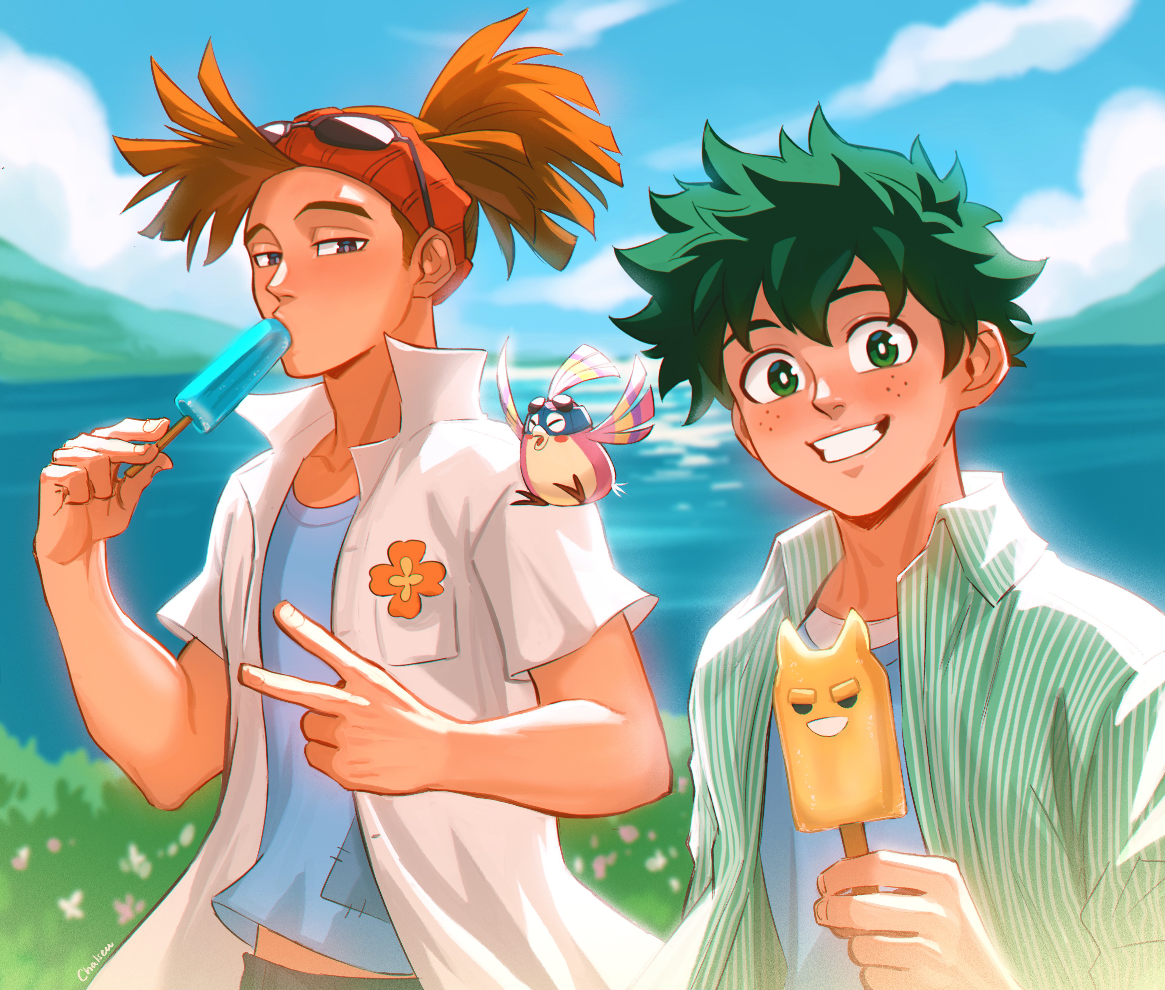 chalseu, all might, midoriya izuku, pino (boku no hero academia), rody soul, boku no hero academia, absurdres, highres, 1other, 2boys, blue shirt, blush, brown hair, eyewear on head, food, food in mouth, freckles, green eyes, green hair, hat, holding, holding food, holding popsicle, jacket, lake, long hair, male focus, multiple boys, open clothes, open jacket, open shirt, popsicle, popsicle in mouth, red hat, shirt, short hair, smile, striped clothes, striped jacket, sunglasses, teeth, v, white jacket