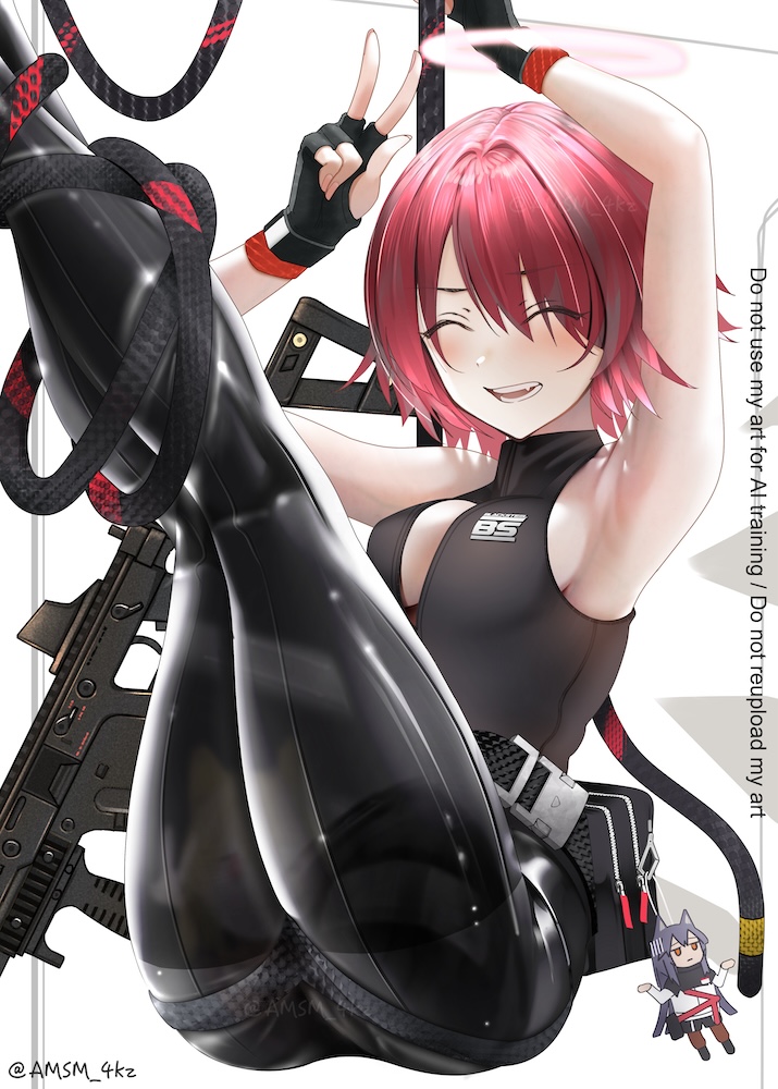 yokaze (yokajie), exusiai (arknights), texas (arknights), arknights, 1girl, armpits, black gloves, breasts, character doll, closed eyes, doll, fingerless gloves, gloves, gun, halo, large breasts, pantyhose, red hair, short hair, smile, weapon
