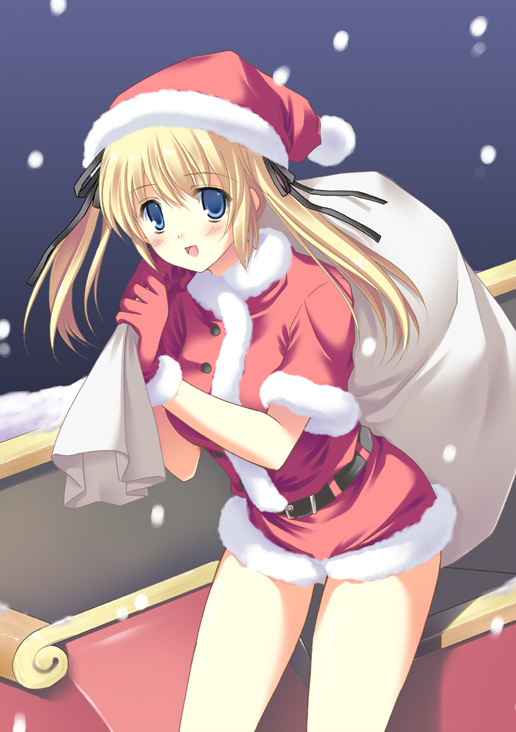 louis&visee, original, 1girl, belt, blonde hair, blue eyes, blush, christmas, female focus, gloves, hair ribbon, hat, leaning forward, legs, long hair, night, red gloves, ribbon, sack, santa costume, santa hat, shorts, snow, snowing, solo, twintails
