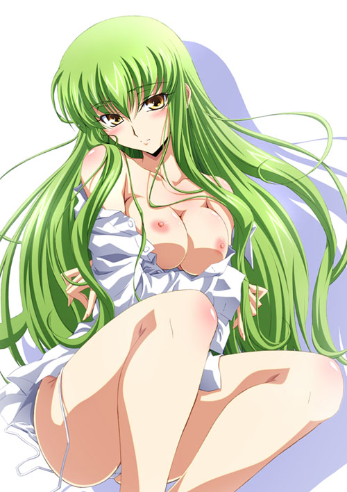 izumi mahiru, c.c., code geass, untied, 00s, 1girl, blush, bottomless, breasts, crossed arms, female focus, green hair, large breasts, long hair, looking at viewer, nipples, open clothes, open shirt, panties, shirt, solo, underwear, white panties, yellow eyes