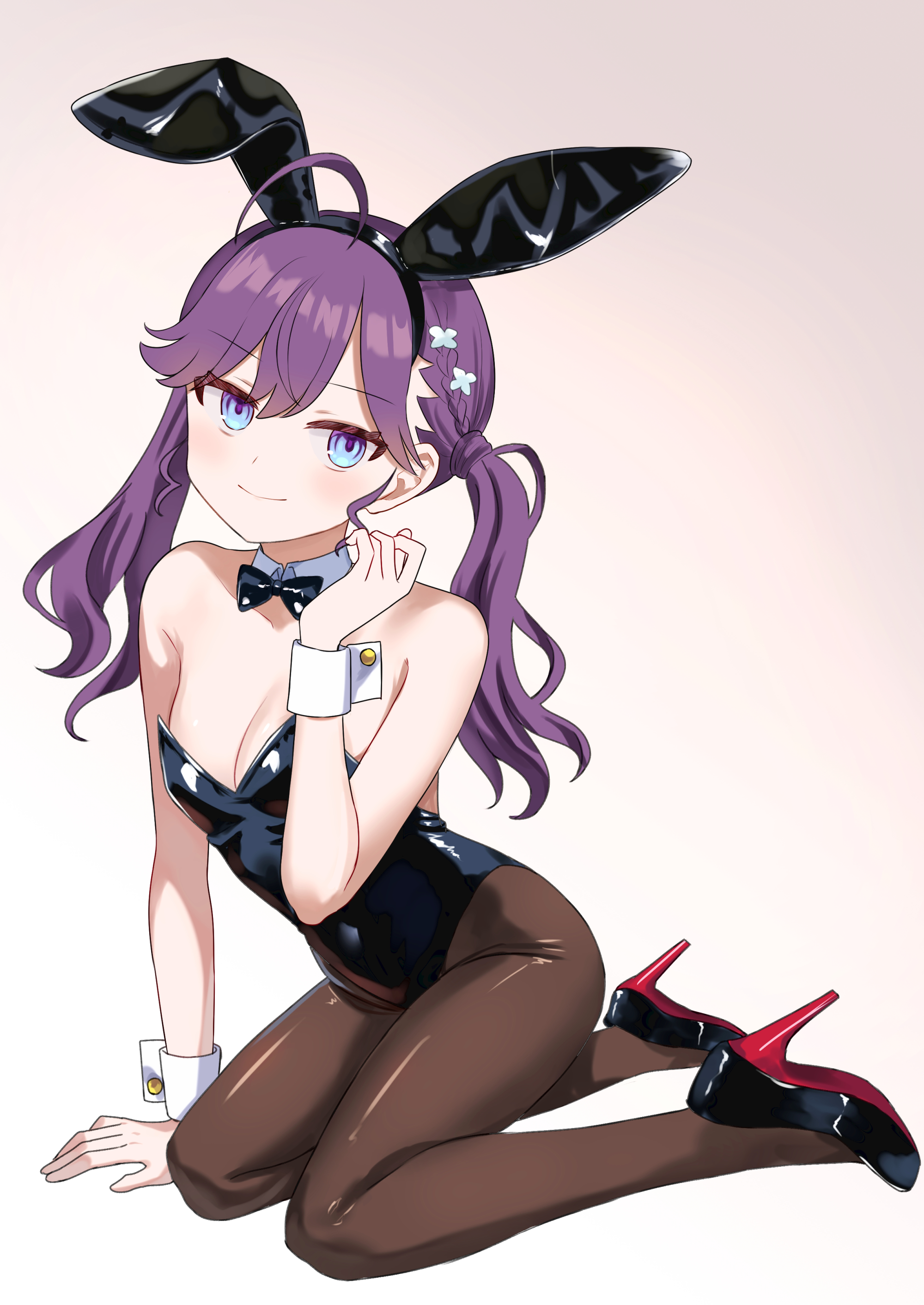 chiune (yachi), kaya rinha, gakuen idolmaster, idolmaster, absurdres, commentary request, highres, 1girl, ahoge, animal ears, black bow, black bowtie, black hairband, black leotard, black shoes, blue eyes, bow, bowtie, braid, breasts, brown background, brown pantyhose, cleavage, closed mouth, collar, detached collar, fake animal ears, flower, full body, gradient background, hair between eyes, hair flower, hair ornament, hairband, hand up, high heels, leotard, long hair, looking at viewer, pantyhose, playboy bunny, purple hair, rabbit ears, shoe soles, shoes, small breasts, smile, solo, stiletto heels, twintails, white background, white collar, white flower, wing collar, wrist cuffs