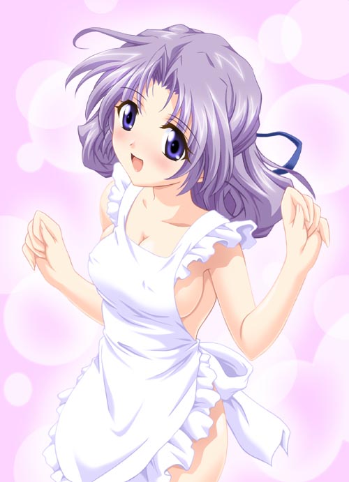kamimae yuuki, love multiple!, 1girl, :d, apron, blue eyes, blush, bow, breasts, cleavage, clenched hands, covered erect nipples, cowboy shot, female focus, fingernails, frilled apron, frills, from side, hair ribbon, large breasts, light particles, long fingernails, long hair, naked apron, no bra, open mouth, purple background, purple hair, ribbon, sideboob, smile, solo, standing