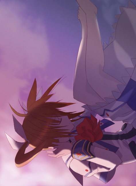 muraya yoshihisa, takamachi nanoha, takamachi nanoha (sacred mode), lyrical nanoha, mahou shoujo lyrical nanoha, mahou shoujo lyrical nanoha strikers, 00s, 1girl, bare legs, bare shoulders, bow, bowtie, brown hair, closed eyes, dress, female focus, hair ribbon, hand on own head, long hair, long sleeves, magical girl, orange hair, red bow, red bowtie, ribbon, sideways, sky, solo, twintails