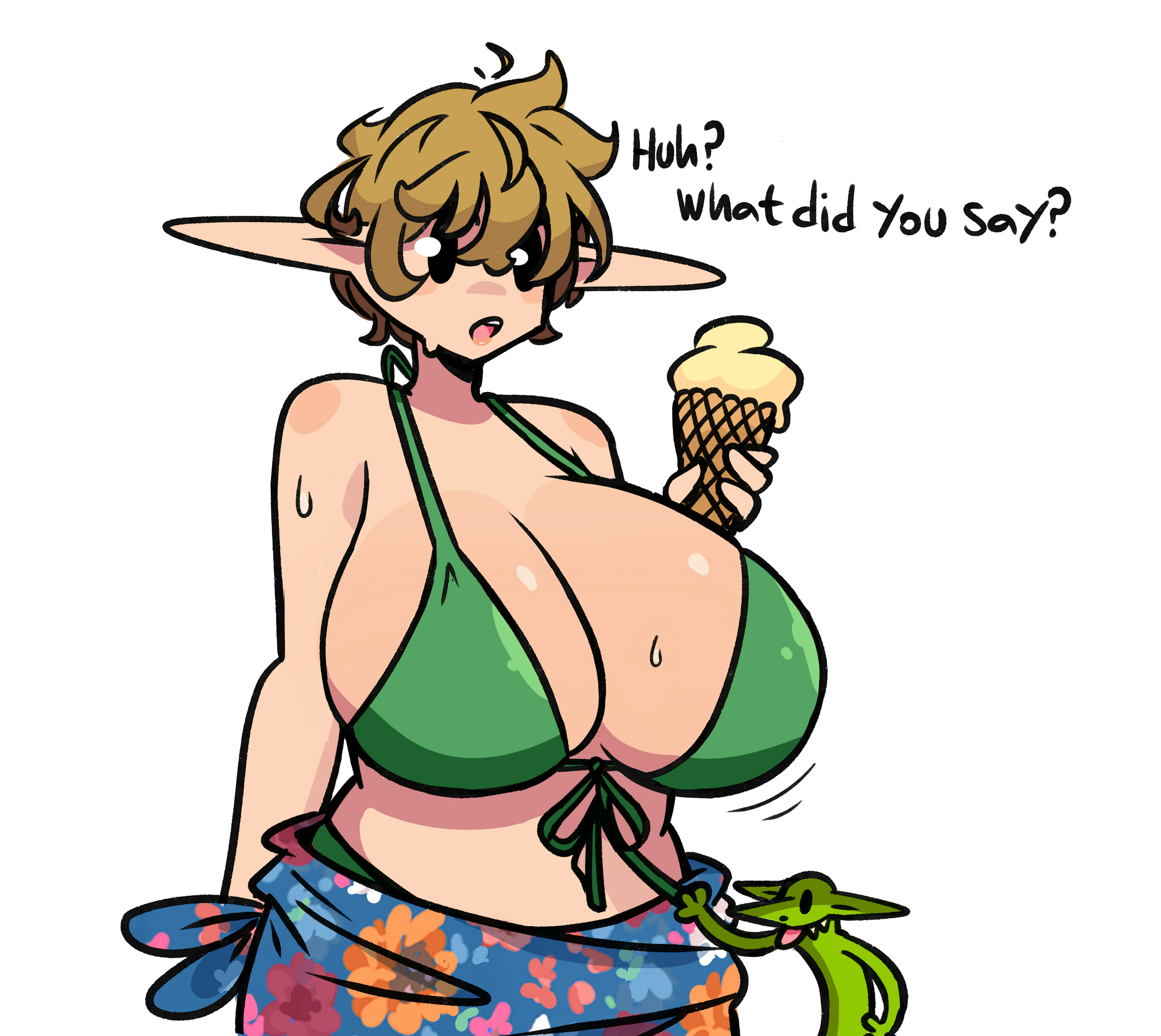 murgoten, 1girl, bikini, blonde hair, english text, food, ice cream, pointy ears, swimsuit