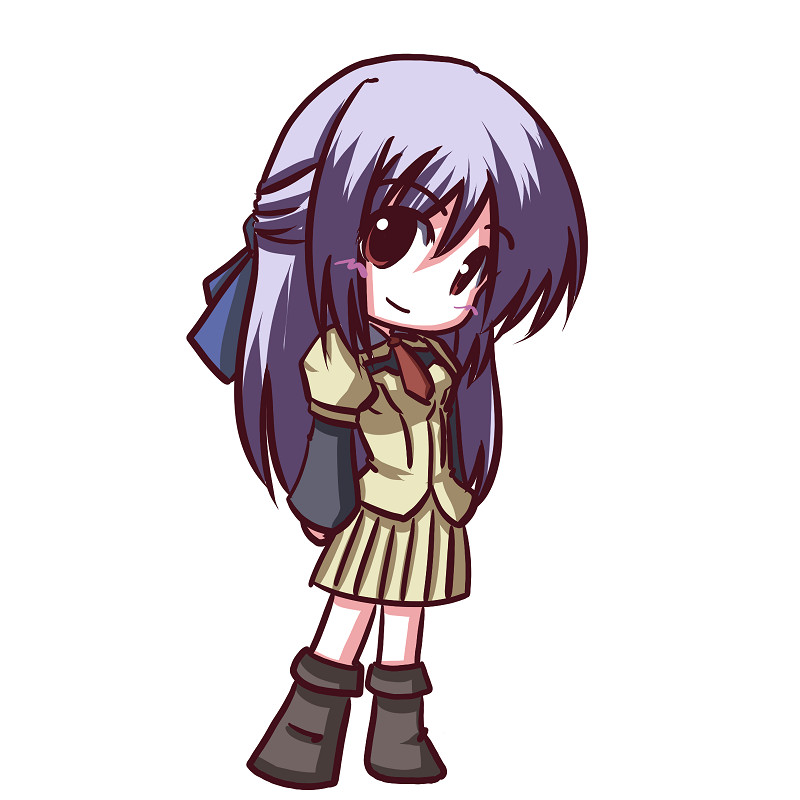 fictional sister, yugiri princesca, shinkyoku soukai polyphonica, 00s, 1girl, black boots, black eyes, blazer, boots, chibi, female focus, full body, head tilt, jacket, knee boots, long hair, looking at viewer, perserte yugiri, pleated skirt, purple hair, school uniform, serafuku, simple background, skirt, smile, solo, standing, white background