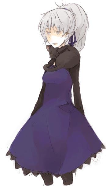 mao (darker than black), yin (darker than black), darker than black, 00s, 1girl, animal, black cat, blind, cat, dress, female focus, hair ribbon, long sleeves, ponytail, purple dress, purple eyes, purple ribbon, ribbon, shoulder perch, simple background, standing, white background