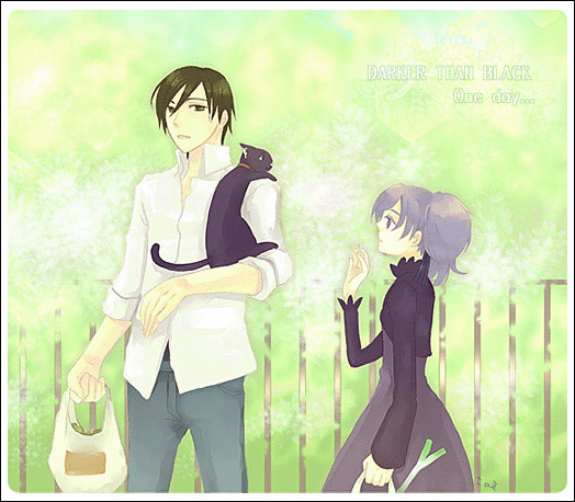 hei (darker than black), mao (darker than black), yin (darker than black), darker than black, 00s, 1boy, 1girl, animal, bag, black cat, black eyes, black hair, carrying, cat, collar, denim, dress, grey hair, grocery bag, jeans, long sleeves, outdoors, pants, ponytail, purple dress, railing, shirt, shopping bag, text focus, walking, waving, white shirt