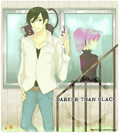 hei (darker than black), mao (darker than black), yin (darker than black), darker than black, 00s, 1boy, 1girl, bell, black cat, black eyes, black hair, carrying, cat, collar, denim, flower, grass, jeans, mask, outdoors, pants, ponytail, railing, shirt, shoulder perch, text focus, white shirt, window