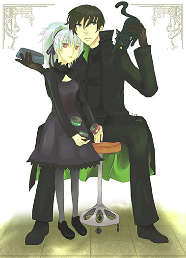 hei (darker than black), mao (darker than black), yin (darker than black), darker than black, 00s, 1boy, 1girl, animal, bell, black cat, black eyes, black gloves, black hair, black jacket, bowl, can, cat, dress, gloves, jacket, long sleeves, pet bowl, pet food, ponytail, red eyes, sitting