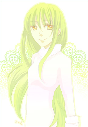 amber (darker than black), darker than black, lowres, 00s, 1girl, bodysuit, female focus, fur trim, green hair, orange eyes, solo