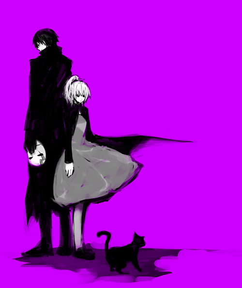 hei (darker than black), mao (darker than black), yin (darker than black), darker than black, 00s, 1boy, 1girl, back-to-back, black cat, black gloves, black hair, black jacket, cat, color background, dress, gloves, jacket, mask, ponytail, purple background, simple background, wind