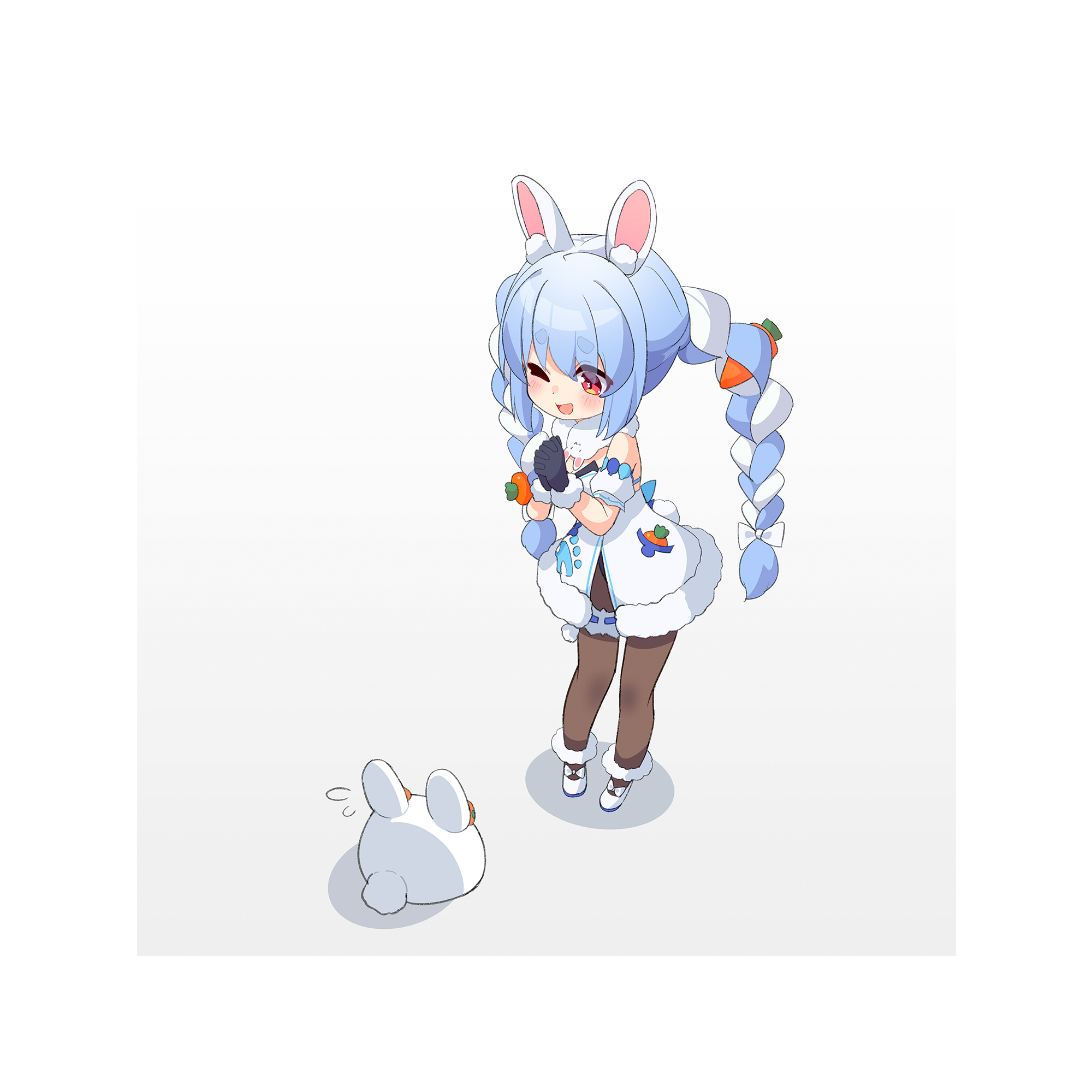 ame., don-chan (usada pekora), pekomon (usada pekora), usada pekora, usada pekora (1st costume), hololive, commentary, highres, ;d, animal ear fluff, animal ears, bare shoulders, black gloves, black leotard, blue hair, blush, bow, braid, brown pantyhose, carrot hair ornament, chibi, detached sleeves, dress, flying sweatdrops, food-themed hair ornament, fur-trimmed dress, fur-trimmed gloves, fur trim, gloves, gradient background, grey background, hair bow, hair ornament, interlocked fingers, leotard, multicolored hair, one eye closed, open mouth, own hands clasped, own hands together, pantyhose, puffy short sleeves, puffy sleeves, rabbit ears, red eyes, shoes, short eyebrows, short sleeves, smile, standing, strapless, strapless dress, strapless leotard, thick eyebrows, twin braids, twintails, two-tone hair, white background, white bow, white dress, white hair, white shoes, white sleeves